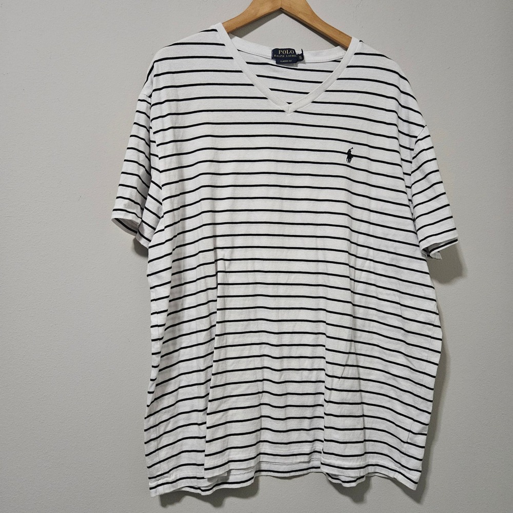 Polo Ralph Lauren Mens XL Classic Fit V-Neck Striped T-Shirt White Navy Blue